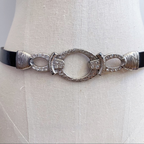 Chico’s Silver Tone Rhinestone Buckle Black Belt S - Picture 3 of 16
